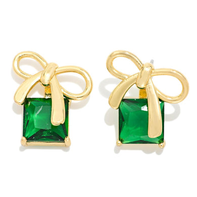 Gold Tone Bow Post Drop Earring Featuring Squared Rhinestone