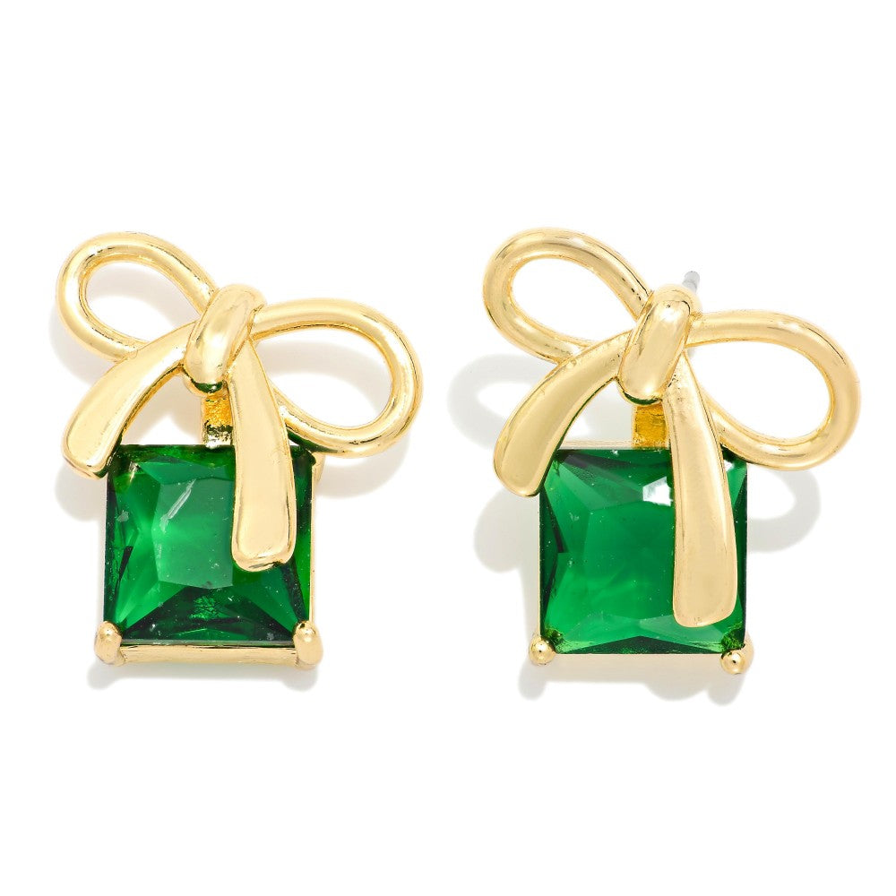 Gold Tone Bow Post Drop Earring Featuring Squared Rhinestone