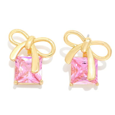 Gold Tone Bow Post Drop Earring Featuring Squared Rhinestone