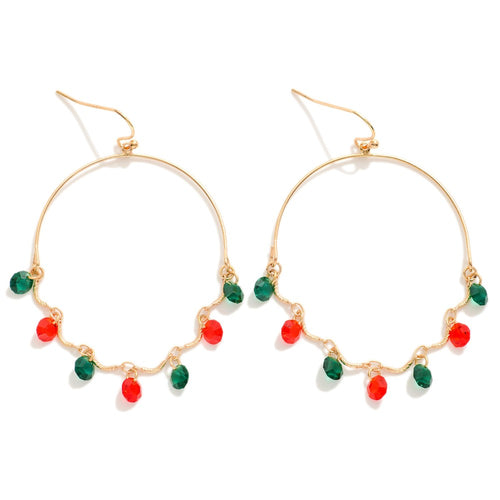 Red & Green Half Hoop Drop Earring With Linked Rhinestone Dangle Details