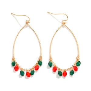 Red & Green Half Hoop Drop Earring With Linked Rhinestone Dangle Details