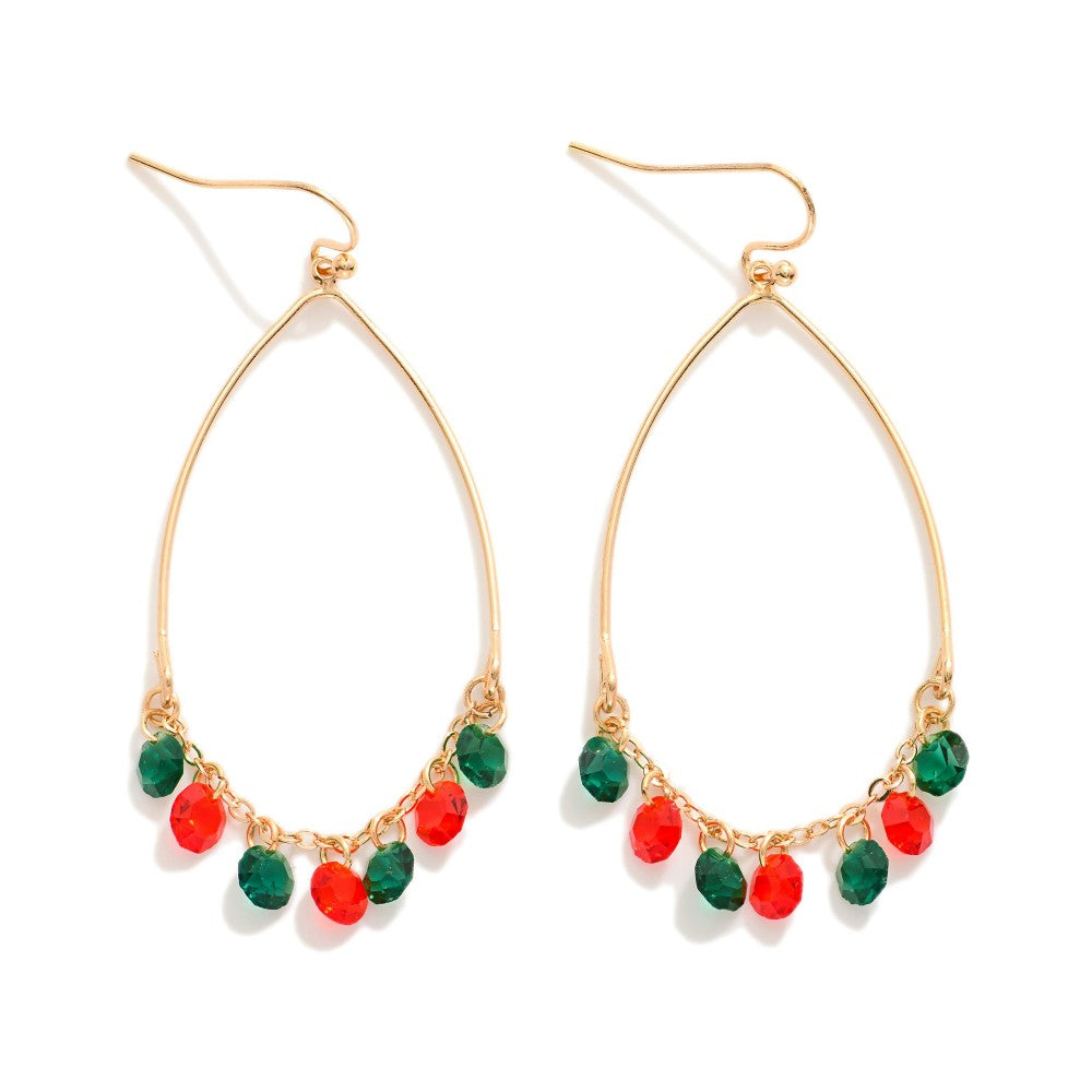 Red & Green Half Hoop Drop Earring With Linked Rhinestone Dangle Details