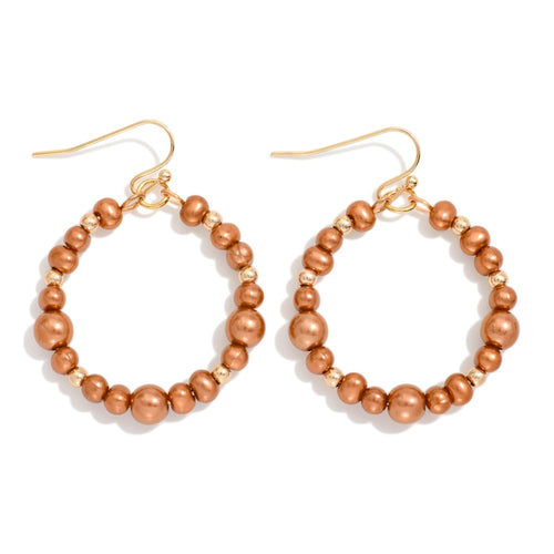 Metallic Beaded Hoop Drop Earring Featuring Metal Tone Bead Stations