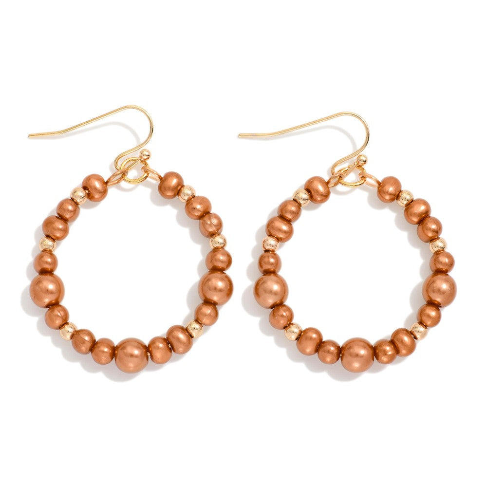 Metallic Beaded Hoop Drop Earring Featuring Metal Tone Bead Stations