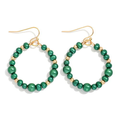 Metallic Beaded Hoop Drop Earring Featuring Metal Tone Bead Stations