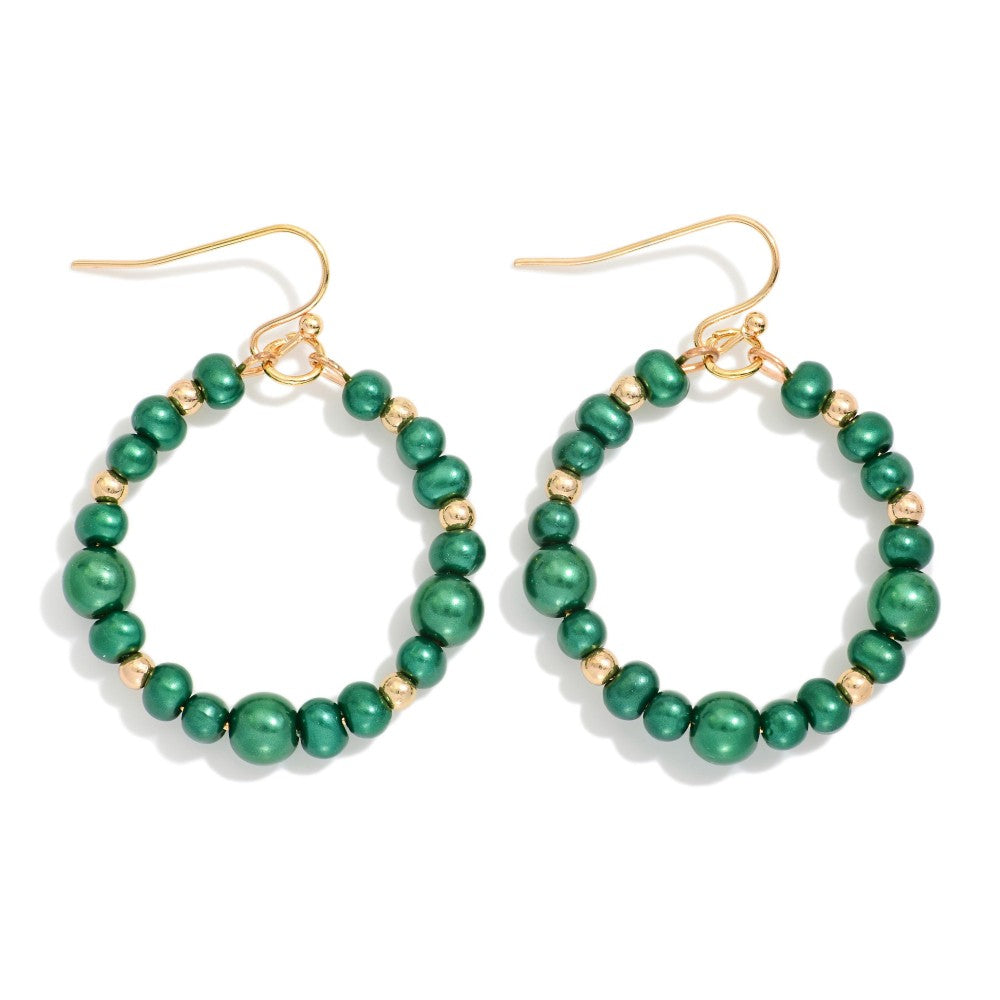 Metallic Beaded Hoop Drop Earring Featuring Metal Tone Bead Stations