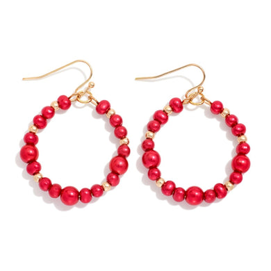 Metallic Beaded Hoop Drop Earring Featuring Metal Tone Bead Stations