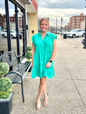 Ladies Collared Button Down A-Line Tiered Short Dress With Pockets- Emerald