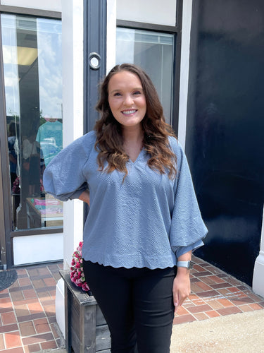 Steel Blue Textured 3/4 Sleeve Top