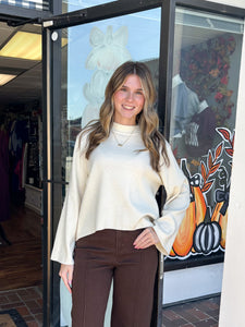 Cream Long Sleeve Mock Neck Lightweight Knit Sweater