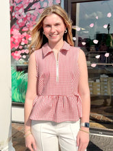 Load image into Gallery viewer, Red Gingham Zip Front Peplum Top