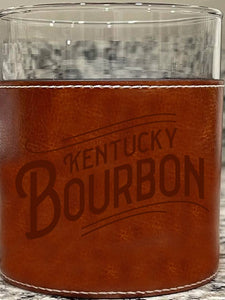 Kentucky Bourbon Word Angled Faux Leather Rocks Glass