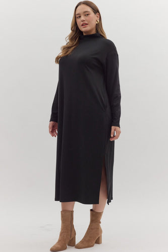 Black Long Sleeve Mock Neck Midi Dress With Pockets