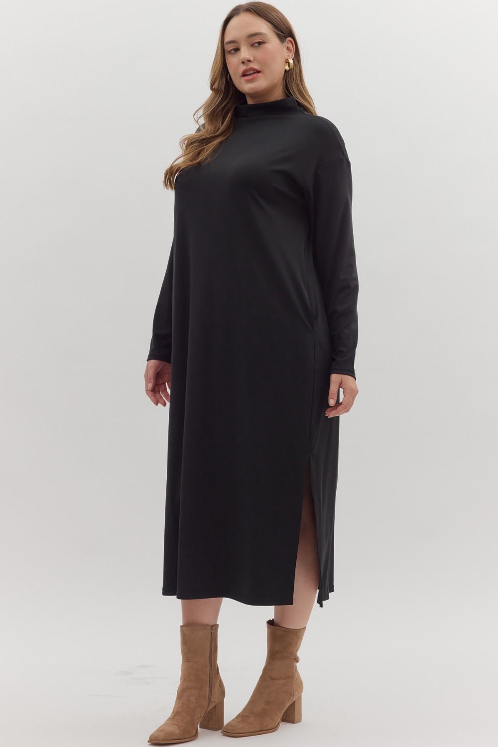 Black Long Sleeve Mock Neck Midi Dress With Pockets