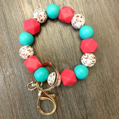 Silicone Bead Keychain Wristlet- Pink Hex And Teal