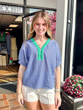 Load image into Gallery viewer, blue gingham top women
green trim gingham blouse
summer gingham top boutique
blue check top women
lightweight gingham shirt