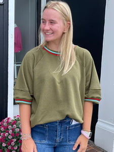 Olive Stripe Detail Short Sleeve Pullover Oversized Top