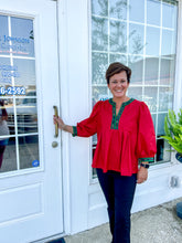 Load image into Gallery viewer, Ruby Red 3/4 Sleeve With Plaid Trim