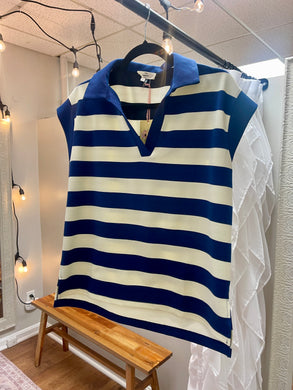 Ladies Navy/White Striped Cap sleeve V-Neck Top With Side Slits