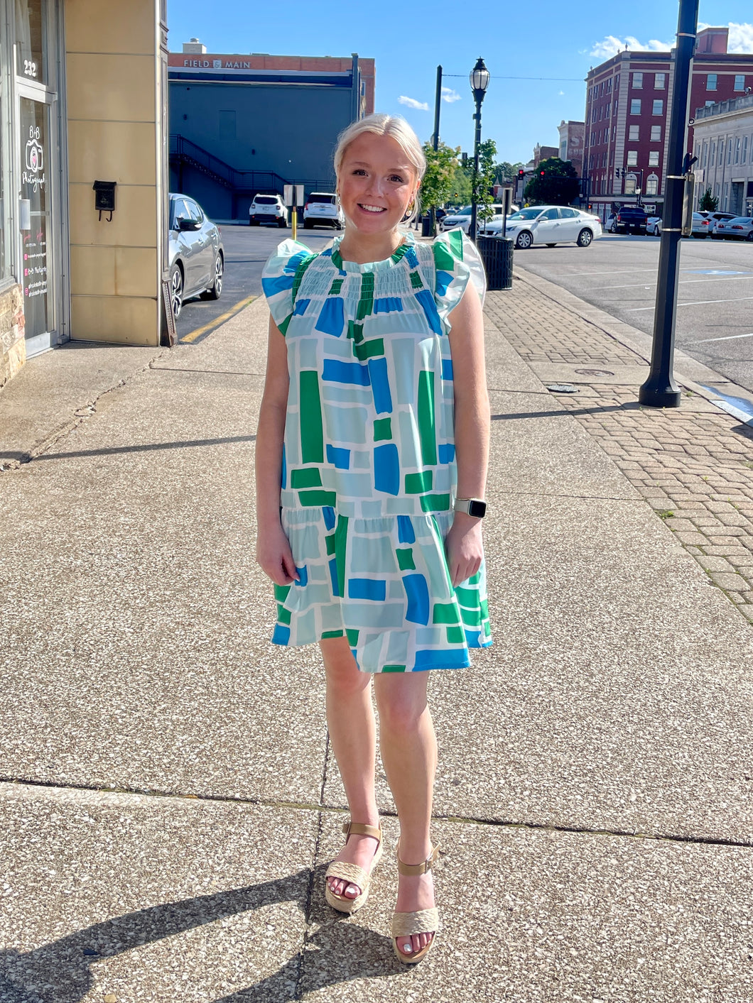 Ladies Turquoise, Green and Blue Block Dress With Pockets