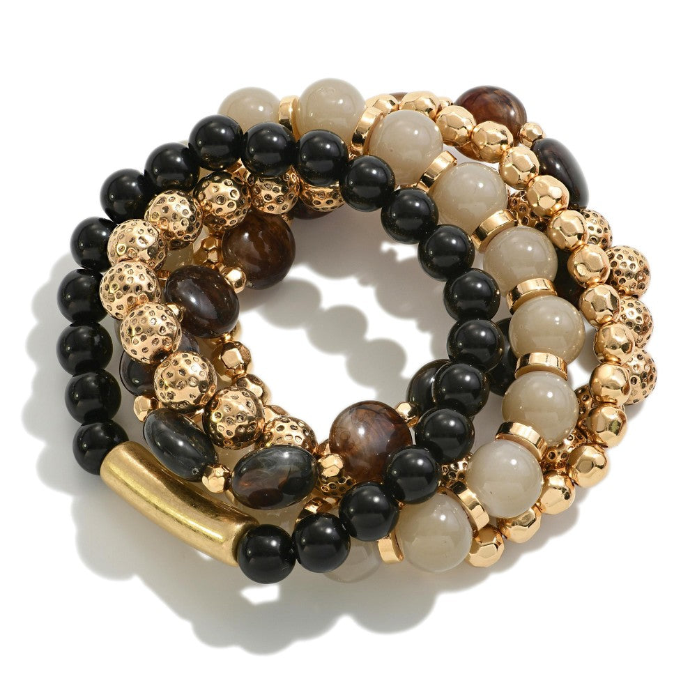Set of Five Marbled, Acetate, and Gold Tone Beaded Stretch Bracelets