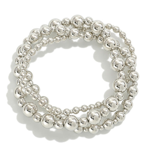 Set of Three Metal Tone Beaded Stretch Bracelets