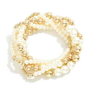 Set of Five Metal Beaded Stretch Bracelet Featuring Pearlescent Accents