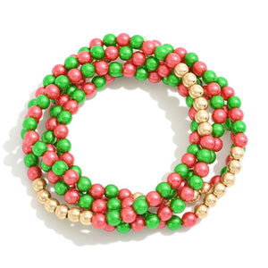 Set of Five Dainty Beaded Stretch Bracelets With Gold Bead Accents