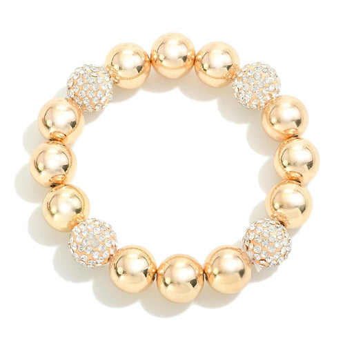 Metal Beaded Stretch Bracelet With Rhinestone Studded Detail