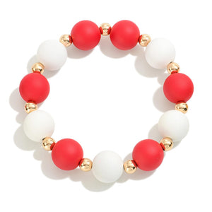 Christmas Wood Beaded Stretch Bracelet With Gold Accent Divider Bead