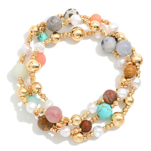 Set Of Three Beaded Stretch Bracelets Featuring Gold Tone , Stone, & Pearl Beads