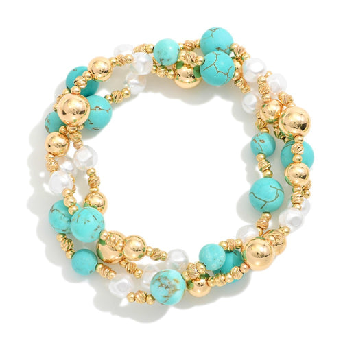 Set Of Three Beaded Stretch Bracelets Featuring Gold Tone , Stone, & Pearl Beads