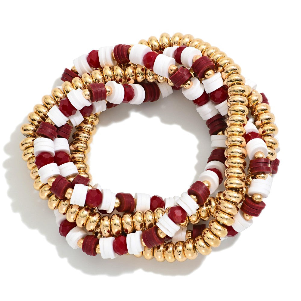 Set Of Five Game Day Beaded Stretch Bracelets Featuring Metal Tones & Heishi Beads