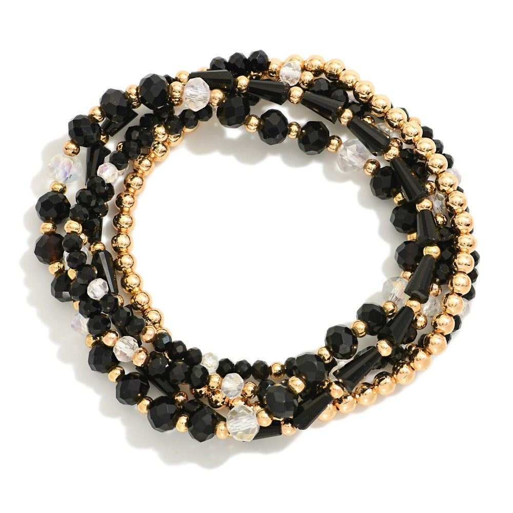 Set Of Five Beaded Stretch Bracelets Featuring Metal Tones & Faceted Beads