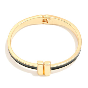 Metal Hinged Bangle Bracelet With Gold Tone Bar Closure-Black