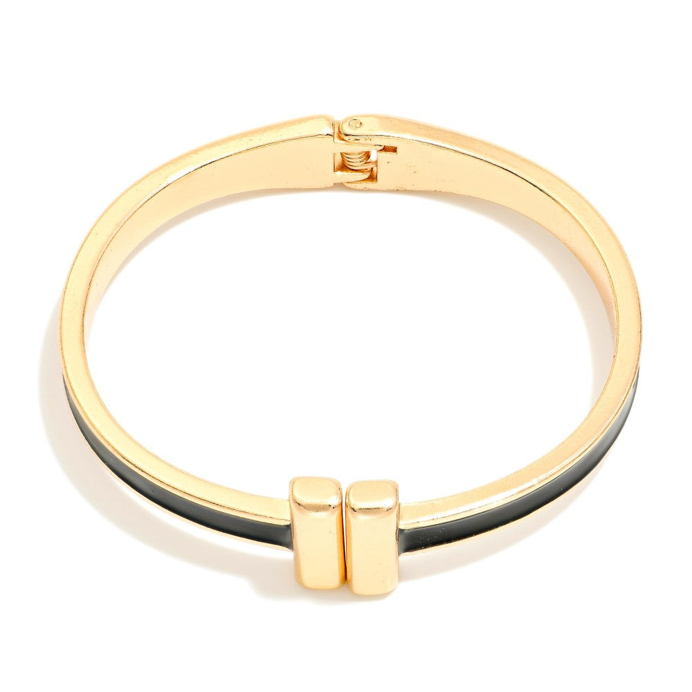 Metal Hinged Bangle Bracelet With Gold Tone Bar Closure-Black