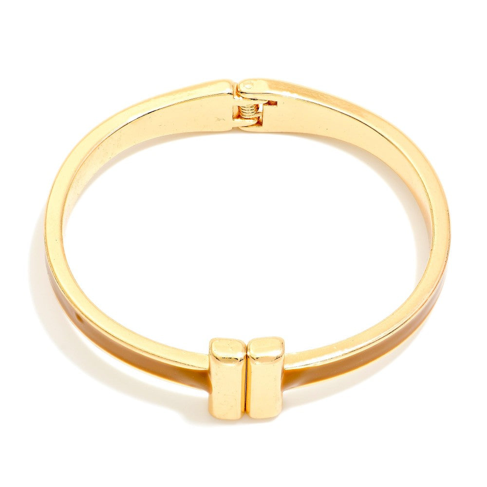 Metal Hinged Bangle Bracelet With Gold Tone Bar Closure-Brown