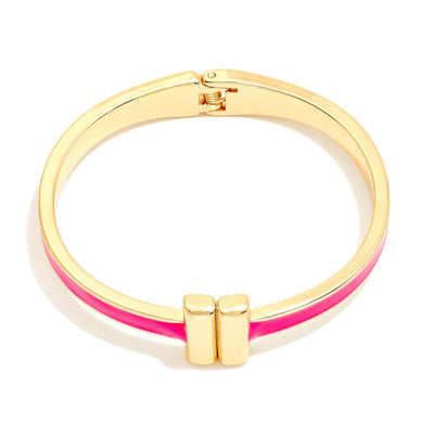 Metal Hinged Bangle Bracelet With Gold Tone Bar Closure-Pink