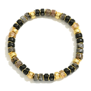 Semi Precious Stone Beaded Bracelet Featuring Metal Tone Accents
