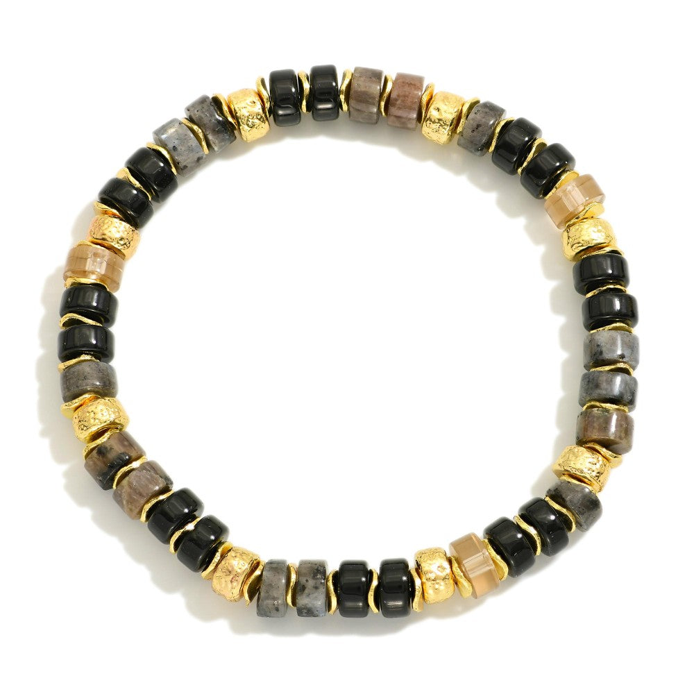 Semi Precious Stone Beaded Bracelet Featuring Metal Tone Accents