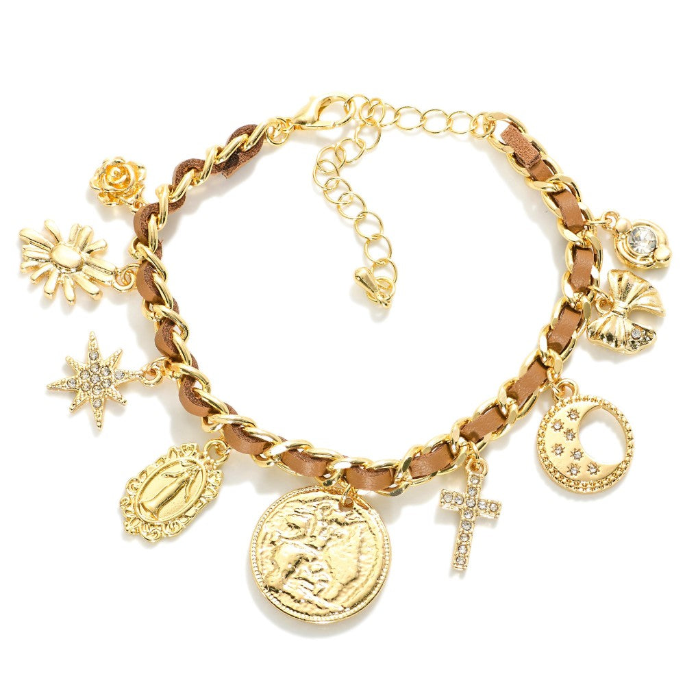 Chain Link Charm Bracelet Featuring Leather Band Detail