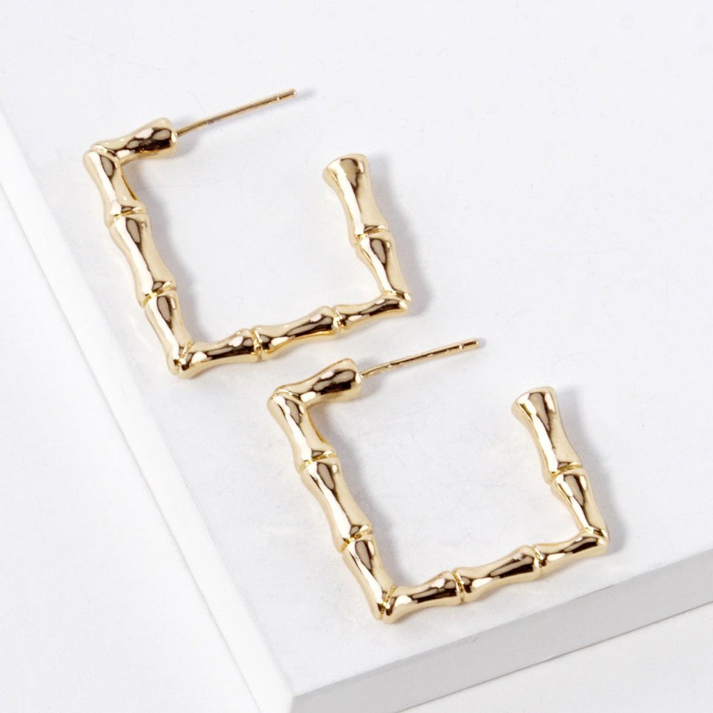Gold Tone Bamboo Square Hoop Earrings