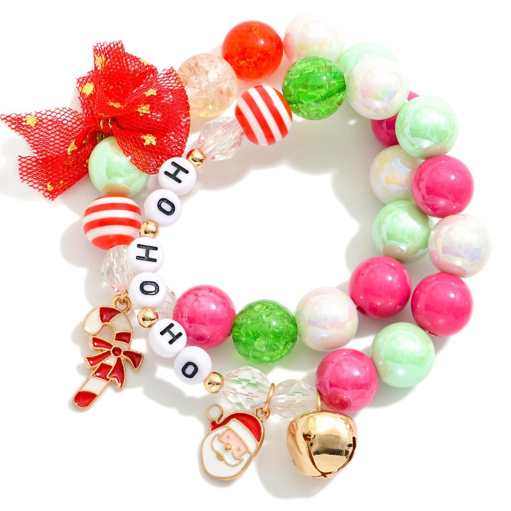 Set Of Two Christmas Themed Bubble Bead Stretch Bracelet Featuring 