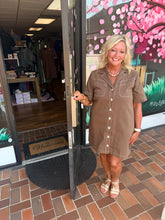 Load image into Gallery viewer, Mocha Contrast Stitch Shirt Dress with Pockets