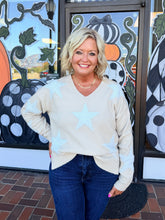 Load image into Gallery viewer, Oatmeal Heather Star Print Fuzzy V-Neck Sweater