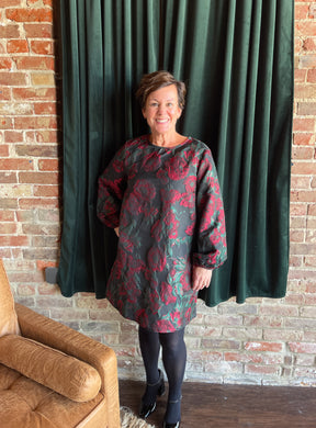 Red Floral Jacquard Long Sleeve Mini Dress With Pockets