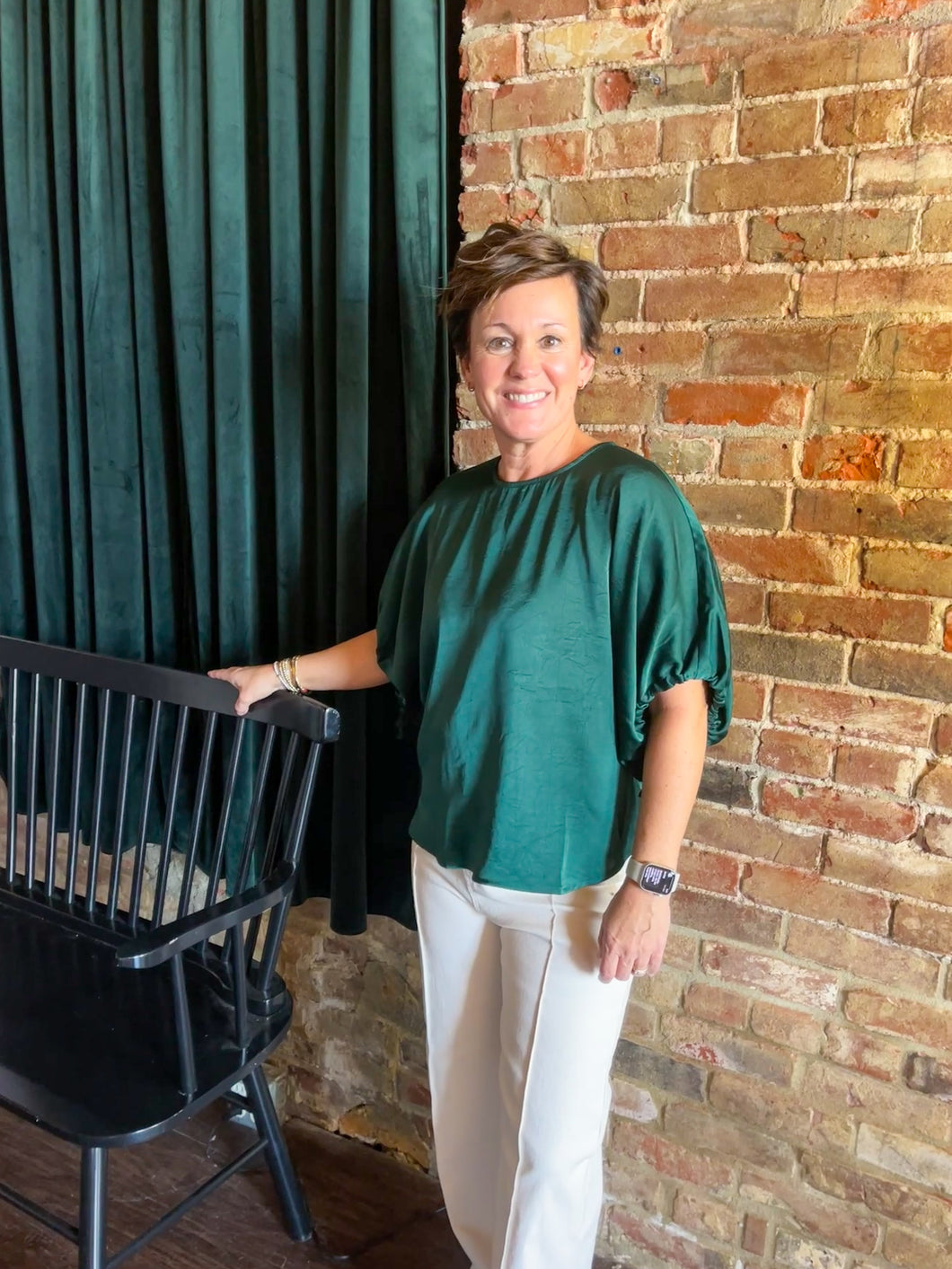 Holiday Dark Green Bubble Sleeve Top