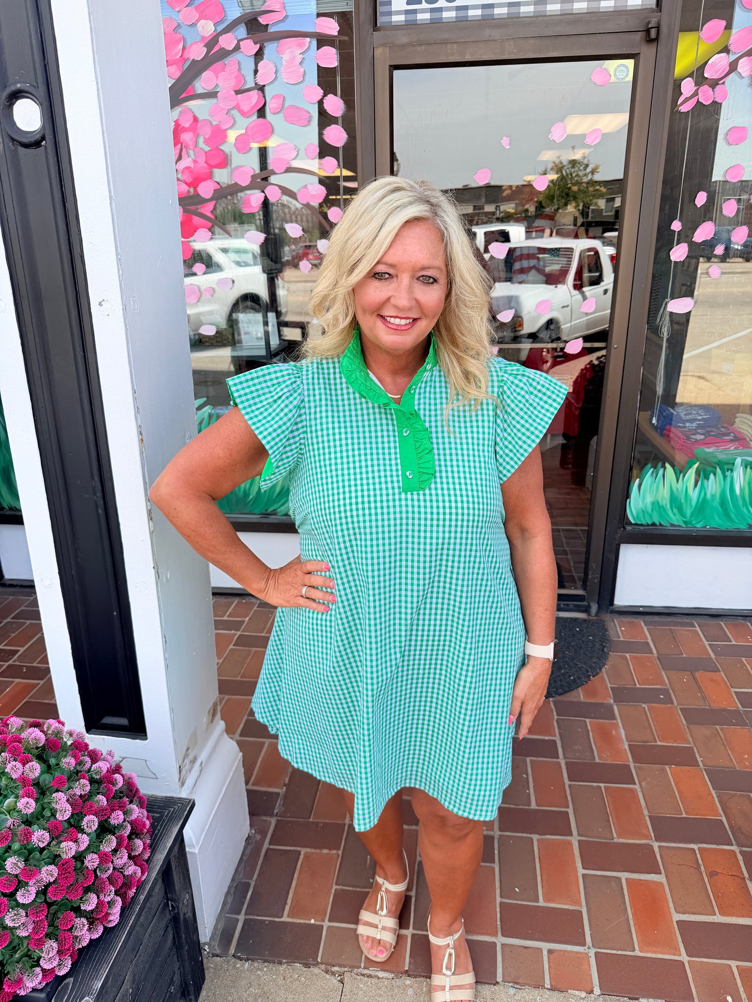 Green Gingham Flutter Sleeve Dress