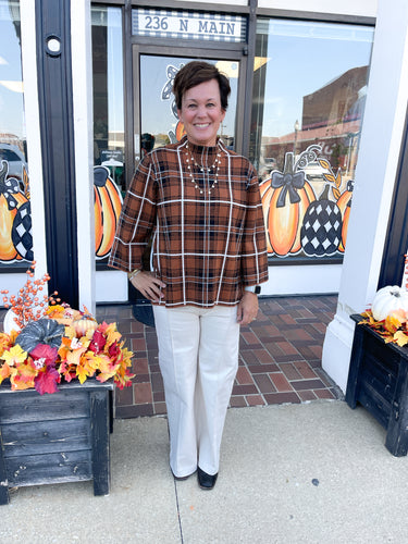 Brown Plaid 3/4 Sleeve Mock Neck Top