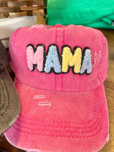 Distressed Pink 'MAMA' Chenille Patch Baseball Cap